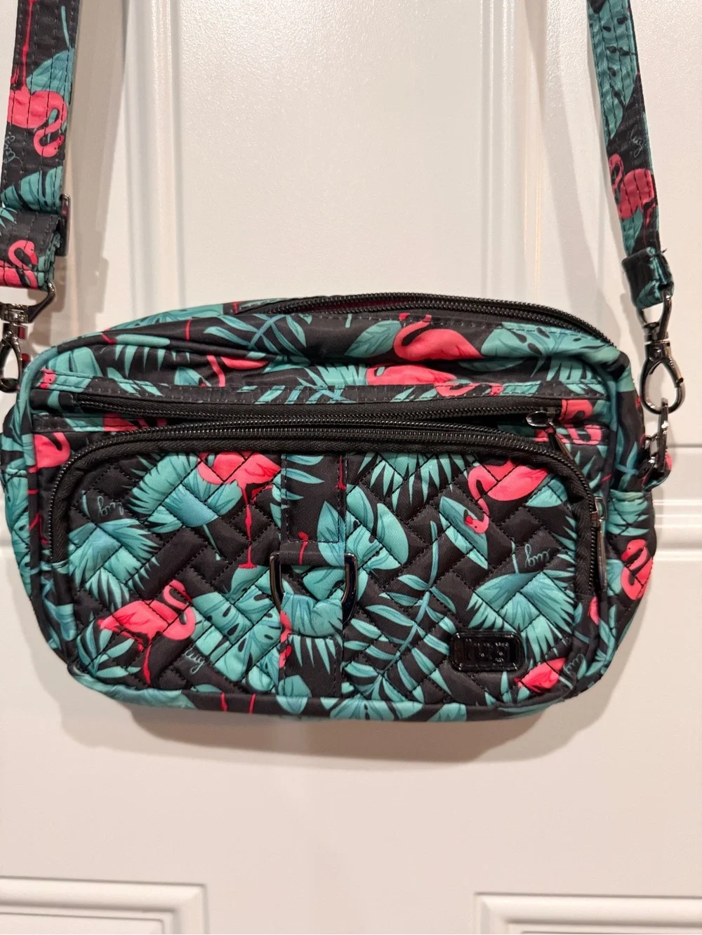 LUG Quilted Flamingo Print Crossbody Bag - Black/Teal/Pink